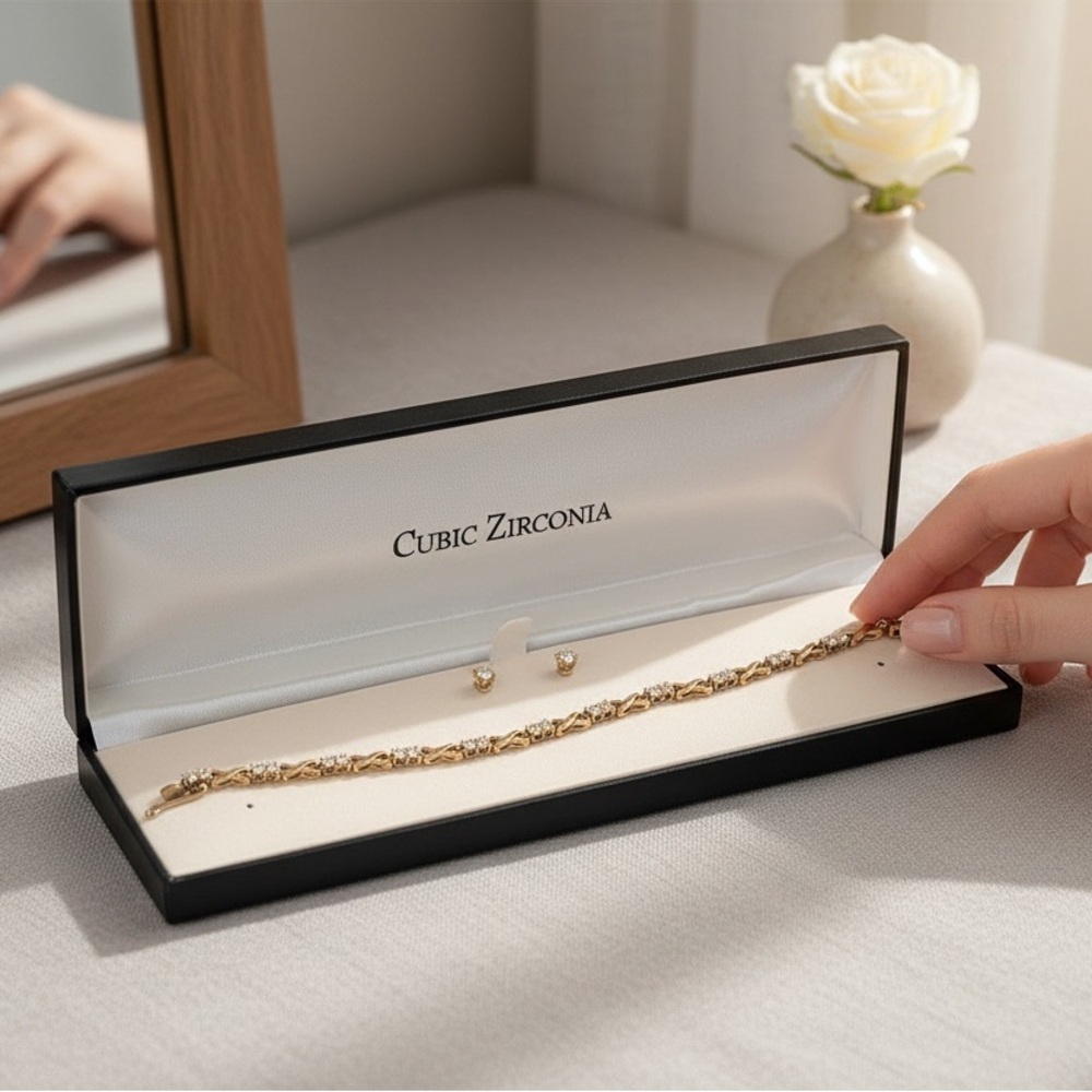 Gold Tone Cubic Zirconia Tennis Bracelet & Stud Earrings Set Gift Boxed - Picture 2 of 6